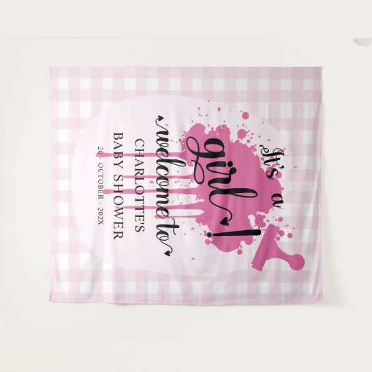 Het is een meisje! Pink Gingham Baby shower Achter Wandkleed (Voorkant (horizontaal))