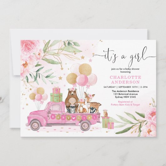 Het is een meisje! Pink Gold Floral Woodland Baby  Kaart (Voorkant)