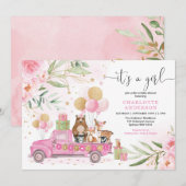 Het is een meisje! Pink Gold Floral Woodland Baby  Kaart (Voorkant / Achterkant)