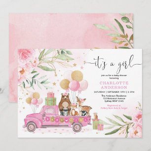 Het is een meisje! Pink Gold Floral Woodland Baby  Kaart