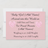 Het is een meisje Pink Hearts Geboorteaankondiging Aankondiging (Achterkant)