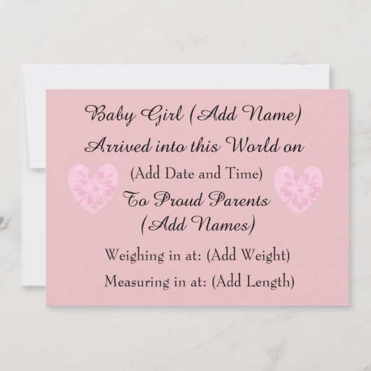 Het is een meisje Pink Hearts Geboorteaankondiging Aankondiging (Achterkant)