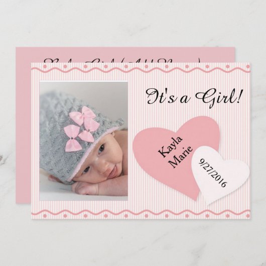 Het is een meisje Pink Hearts Geboorteaankondiging Aankondiging (Voorkant / Achterkant)