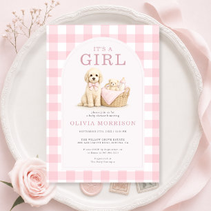 Het is een Meisje Puppy Hond Gingham Baby Shower Kaart
