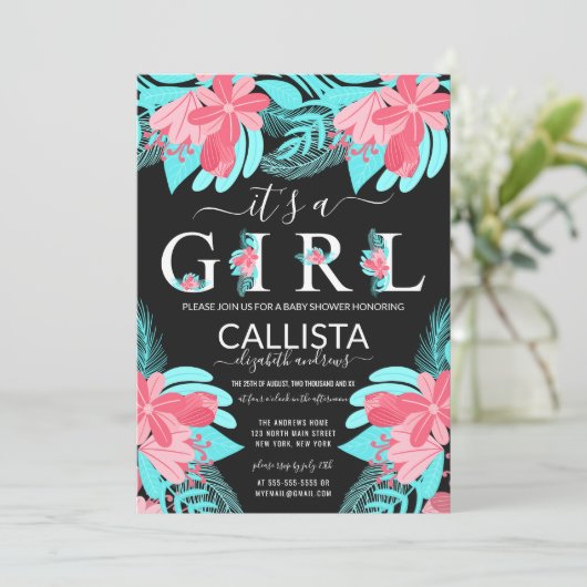 Het is een meisje Quote Roze Blauwgroen Bloemen Ba Kaart (Staand voorkant)