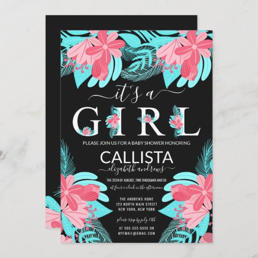 Het is een meisje Quote Roze Blauwgroen Bloemen Ba Kaart (Voorkant / Achterkant)