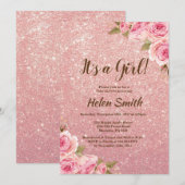 Het is een meisje Roos Gold Glitter Floral Baby sh Kaart (Voorkant / Achterkant)