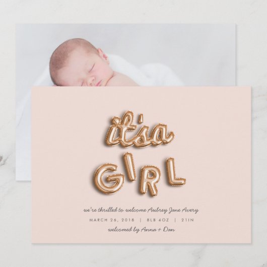 Het is een meisje! Roos goud/PINK Aankondiging (Voorkant / Achterkant)