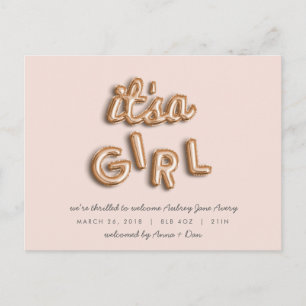 Het is een meisje! Roos goud/ROZE briefkaart. Aankondigingskaart