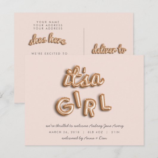 Het is een meisje! Roos goud/ROZE briefkaart. Aankondigingskaart (Voorkant / Achterkant)