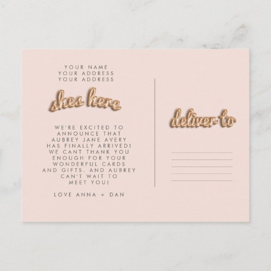 Het is een meisje! Roos goud/ROZE briefkaart. Aankondigingskaart (Achterkant)