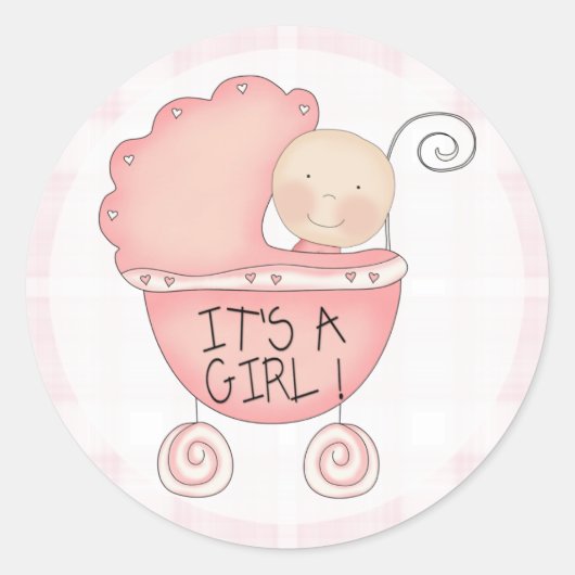 Het is een meisje! Roze Baby Buggy kondiging Ronde Sticker (Voorkant)