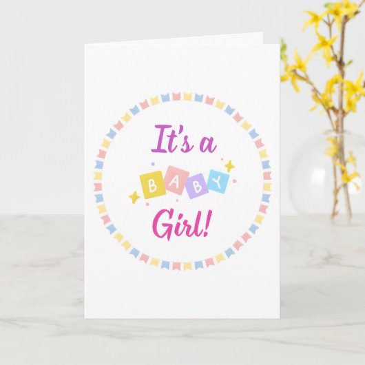 Het is een meisje Roze Baby Geboorteaankondiging Kaart (Gele Bloem)