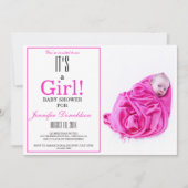 Het is een meisje! Roze Baby shower Fotouitnodigin Kaart (Voorkant)