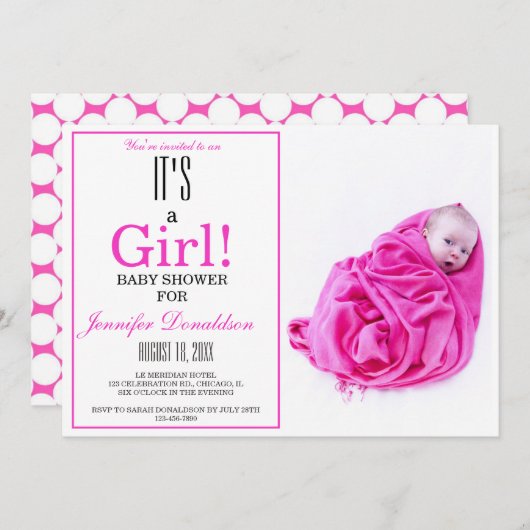 Het is een meisje! Roze Baby shower Fotouitnodigin Kaart (Voorkant / Achterkant)
