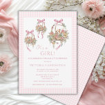 Het is een meisje roze  Baby shower uitnodiging<br><div class="desc">"Het is een meisje! Vier de lieve komst van een kleine prinses met deze charmante baby shower uitnodiging. Delicaat versierd met schattige waterverf babydieren genesteld in bloemrijke manden vol met pasteltinten, blush en salie groene bloemen, dit ontwerp vangt het mooie van natuur en een nieuw begin. Zacht roze linten en...</div>