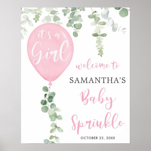 Het is een meisje roze ballon baby sprinkle welkom poster (Voorkant)