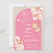 Het is een meisje roze beige ballonnen teddyboog. kaart (Voorkant)