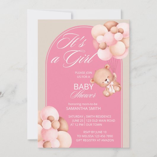 Het is een meisje roze beige ballonnen teddyboog. kaart (Voorkant)