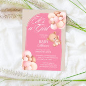 Het is een meisje roze beige ballonnen teddyboog. kaart