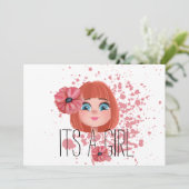 Het is een meisje, roze bloem, meisje, geboorte aankondiging (Staand voorkant)