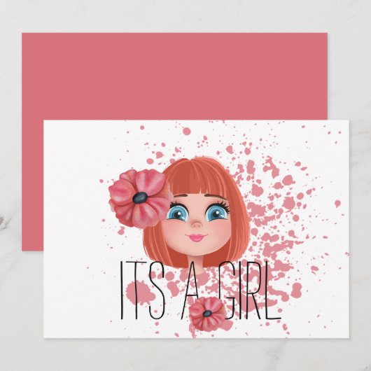 Het is een meisje, roze bloem, meisje, geboorte aankondiging (Voorkant / Achterkant)