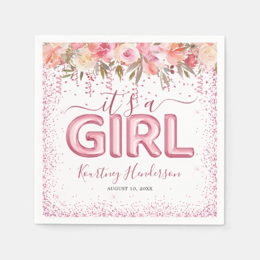 Het is een Meisje Roze Bloemen Baby shower servett Servet (Voorkant)