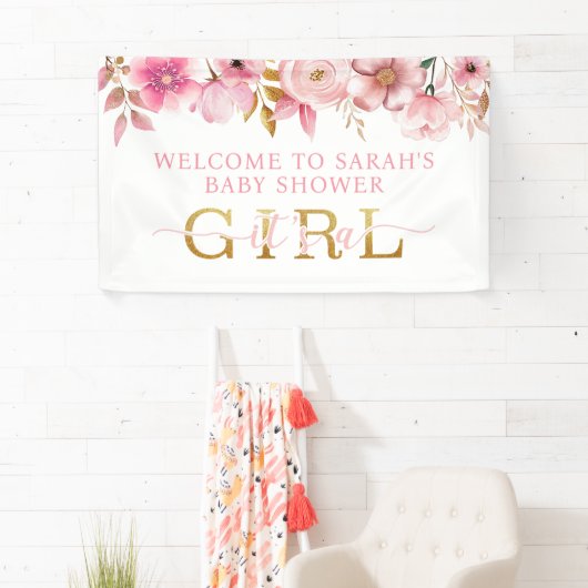 Het is een Meisje Roze Bloemen Baby shower Welkom  Spandoek (Insitu)