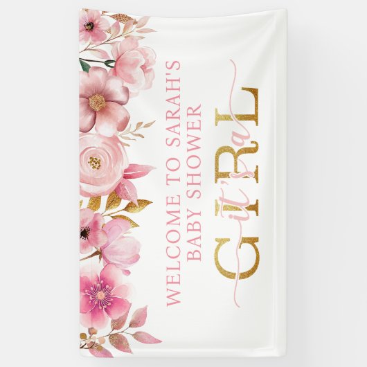 Het is een Meisje Roze Bloemen Baby shower Welkom  Spandoek (Verticaal)