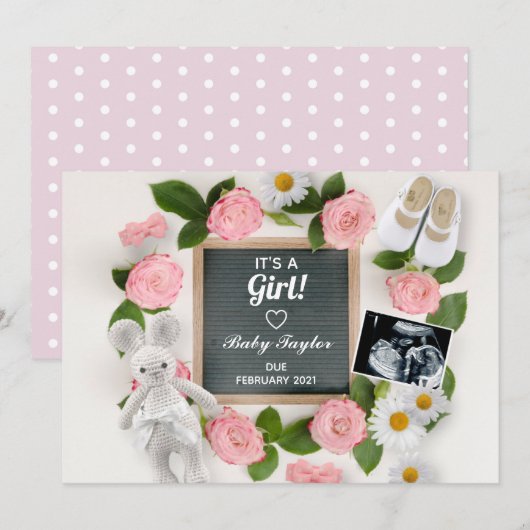 Het is een Meisje Roze Bloemen Letter Board zwange Aankondiging (Voorkant / Achterkant)