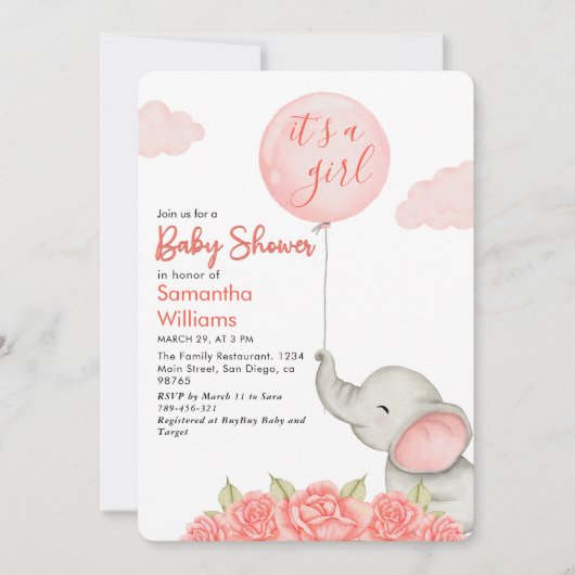 Het is een meisje roze bloemen olifant Baby shower Kaart (Voorkant)