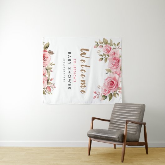 Het is een meisje! Roze Bloemen Waterverf Baby sho Wandkleed (In Situ (horizontaal))