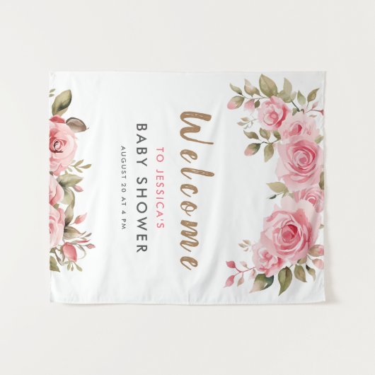 Het is een meisje! Roze Bloemen Waterverf Baby sho Wandkleed (Voorkant (horizontaal))