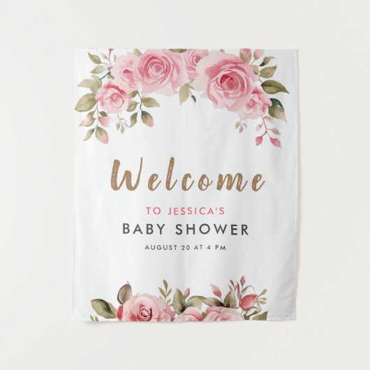 Het is een meisje! Roze Bloemen Waterverf Baby sho Wandkleed (Voorkant)