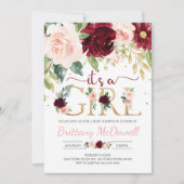 Het is een meisje roze bloemenbordeaux baby shower kaart (Voorkant)