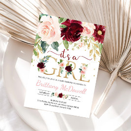 Het is een meisje roze bloemenbordeaux baby shower kaart