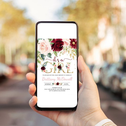 Het is een meisje roze bloemenbordeaux baby shower kaart