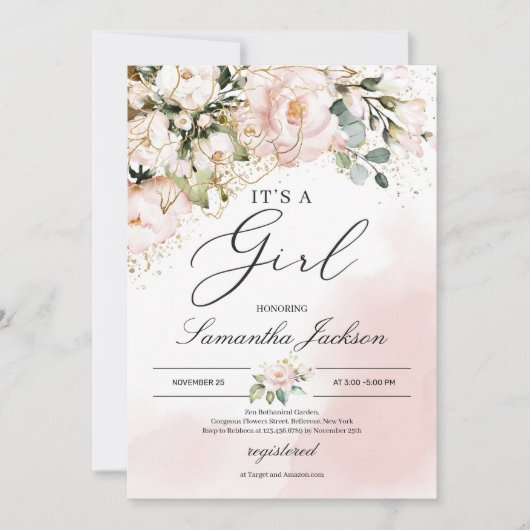 Het is een meisje roze bloemengouden boho baby sho kaart (Voorkant)