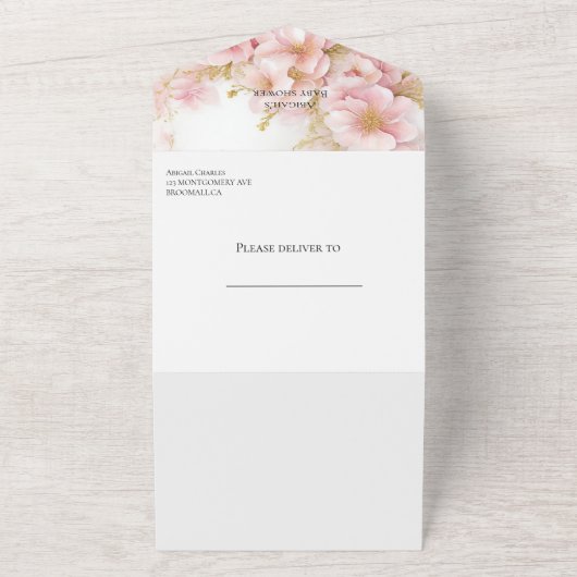 Het is een meisje roze bloesem all in one uitnodiging (Buitenkant)