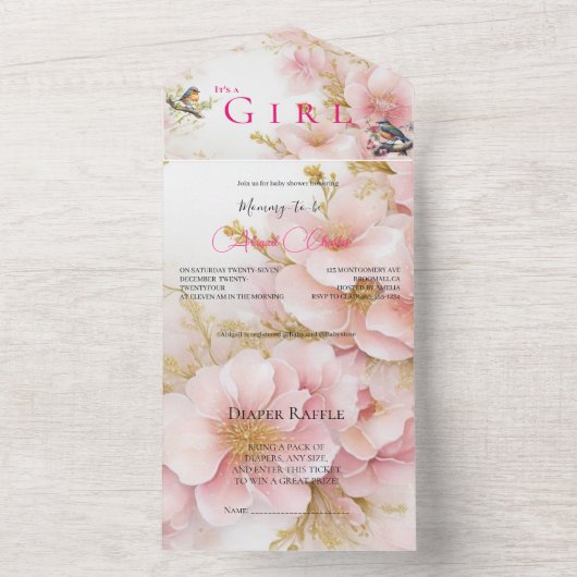 Het is een meisje roze bloesem all in one uitnodiging (Binnen)