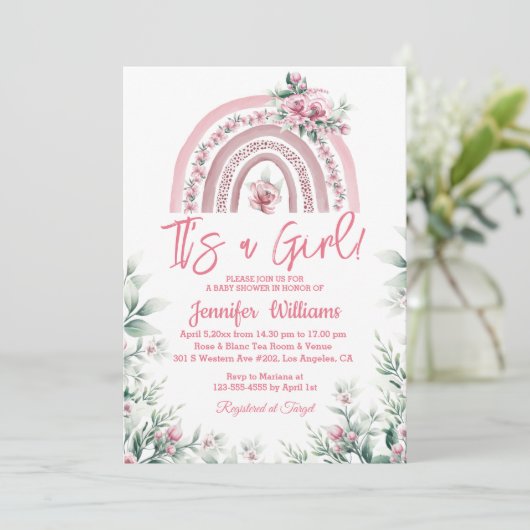 het is een meisje roze boho floral baby shower reg kaart (Staand voorkant)