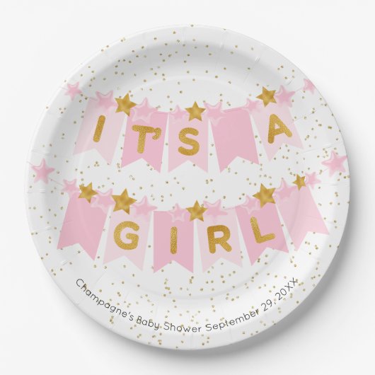 Het is een meisje roze Bunting Flags Baby shower Papieren Bordje (Voorkant)
