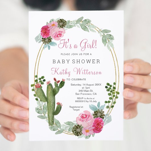 Het is een Meisje Roze Cactus Bloemen baby shower Kaart