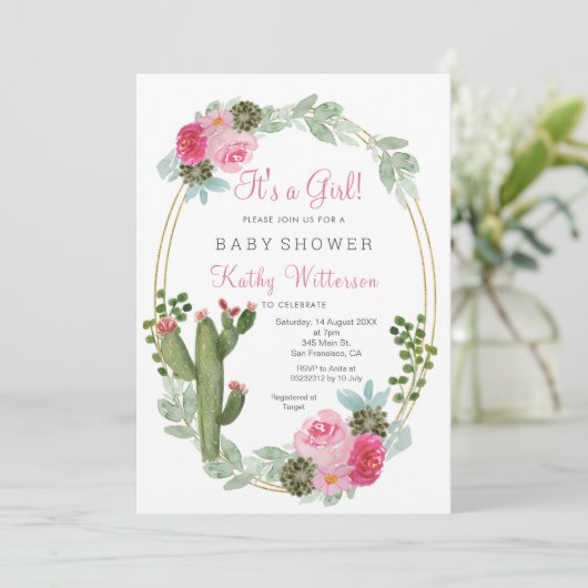 Het is een Meisje Roze Cactus Bloemen baby shower Kaart (Staand voorkant)