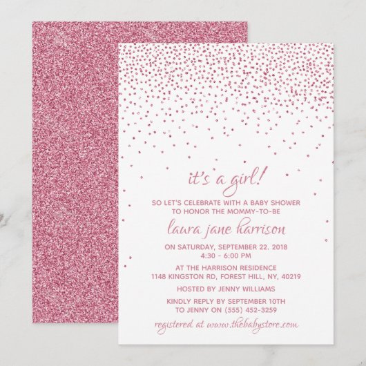 Het is een meisje! Roze Confetti Baby shower Kaart (Voorkant / Achterkant)