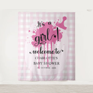 Het is een meisje! Roze Gingham Baby Shower Achter Wandkleed