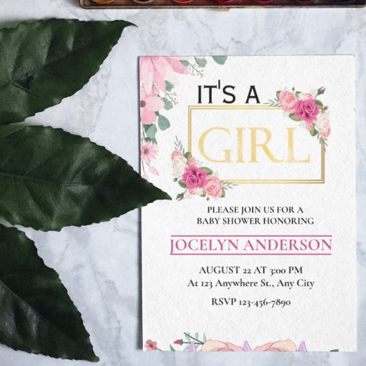 Het is een Meisje Roze & Goud Waterverf Baby showe Kaart