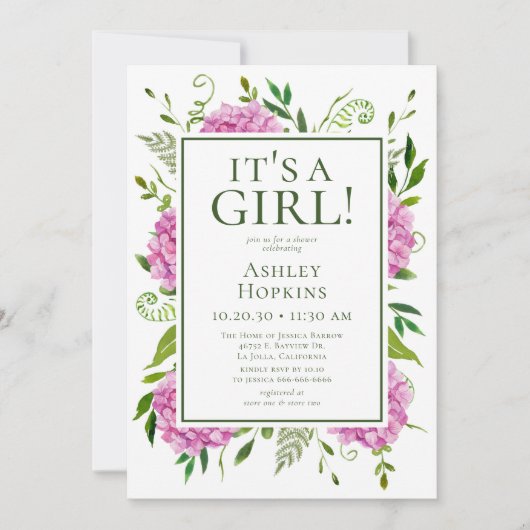 Het is een meisje roze Hydrangeas Baby shower Kaart (Voorkant)