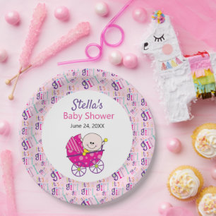 Het is een meisje roze kinderwagen baby shower pap papieren bordje