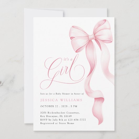 Het is een meisje roze lint Baby shower uitnodigin Kaart (Voorkant)